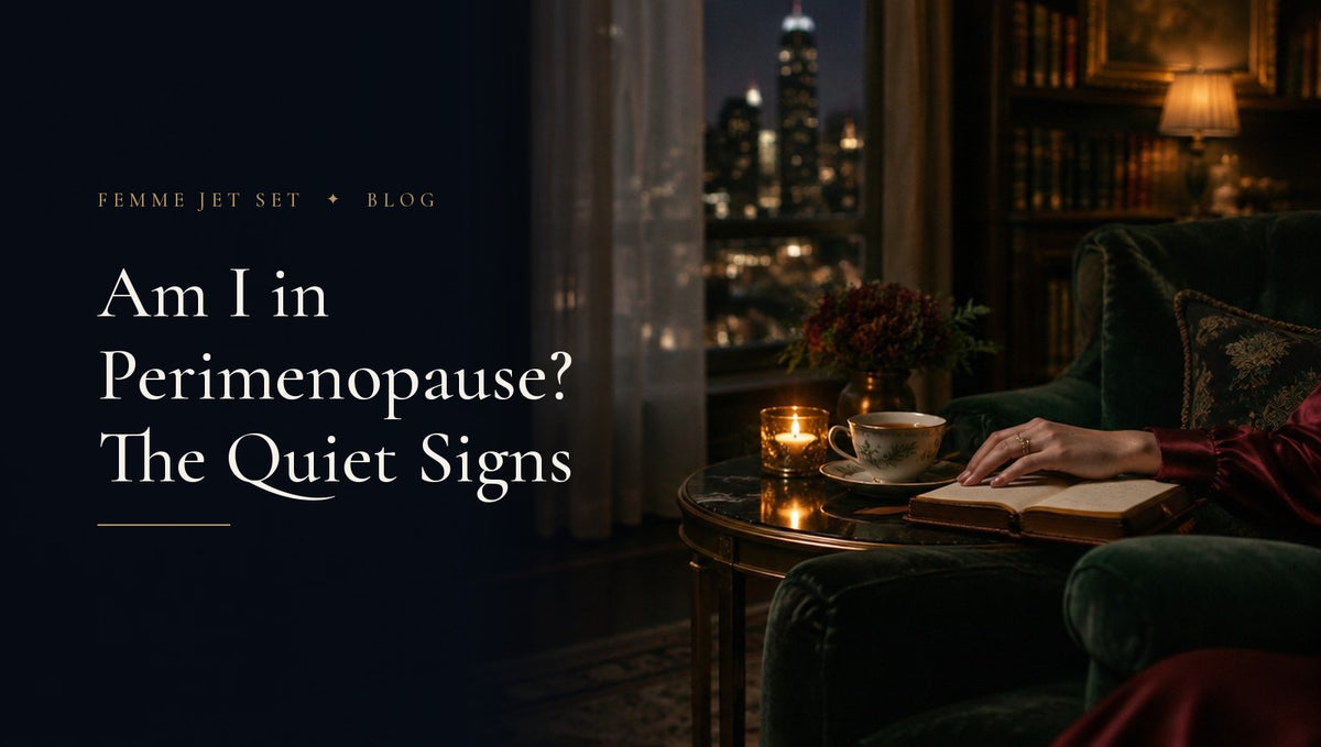 Candlelit New York library at night with a woman's hand resting on an open journal beside tea, Am I in Perimenopause cover