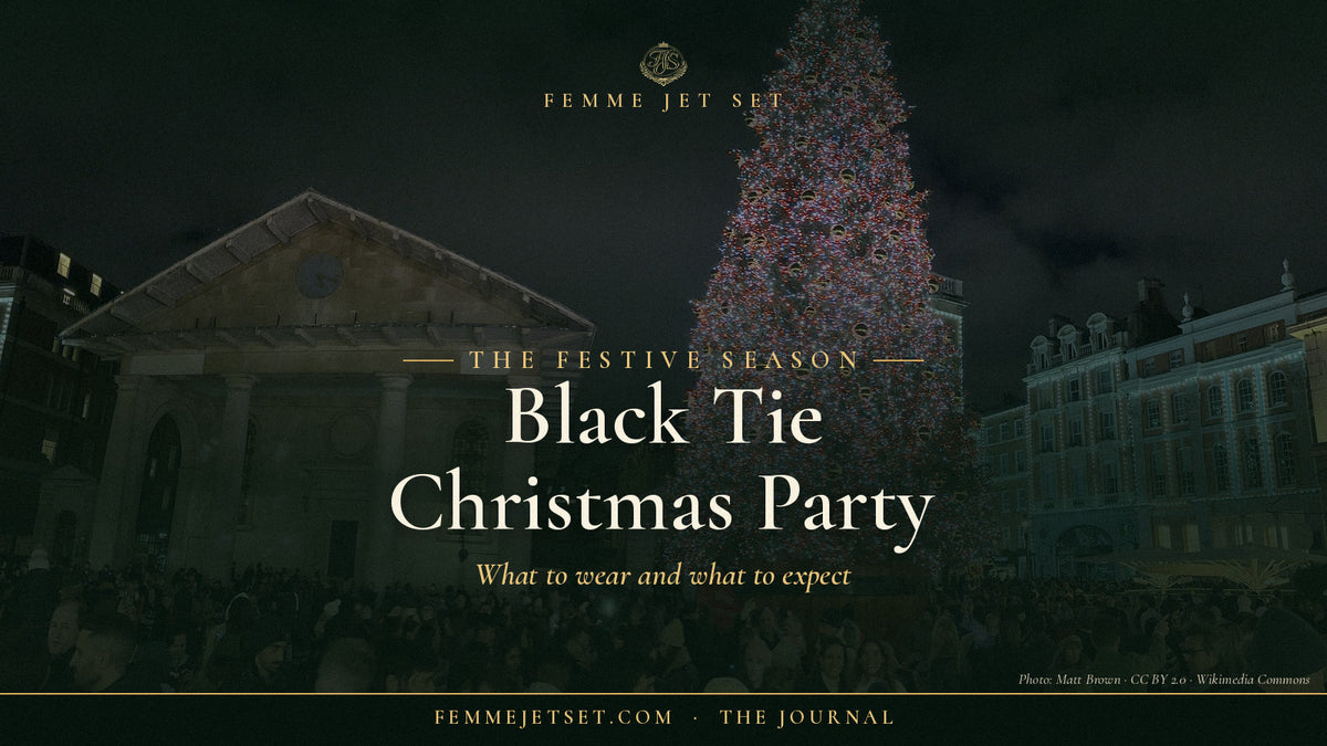 Covent Garden Christmas tree at night, London, Black Tie Christmas Party cover