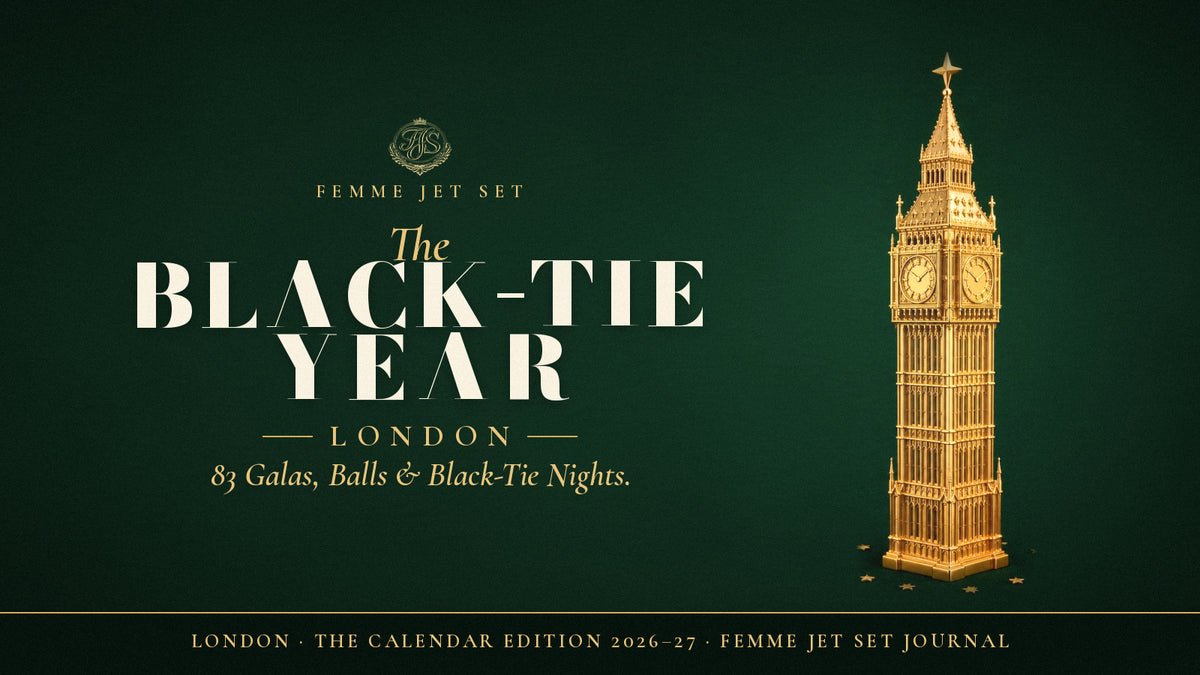 The Black-Tie Year London calendar cover: gold Big Ben clock tower on deep green, Femme Jet Set crest and gold type