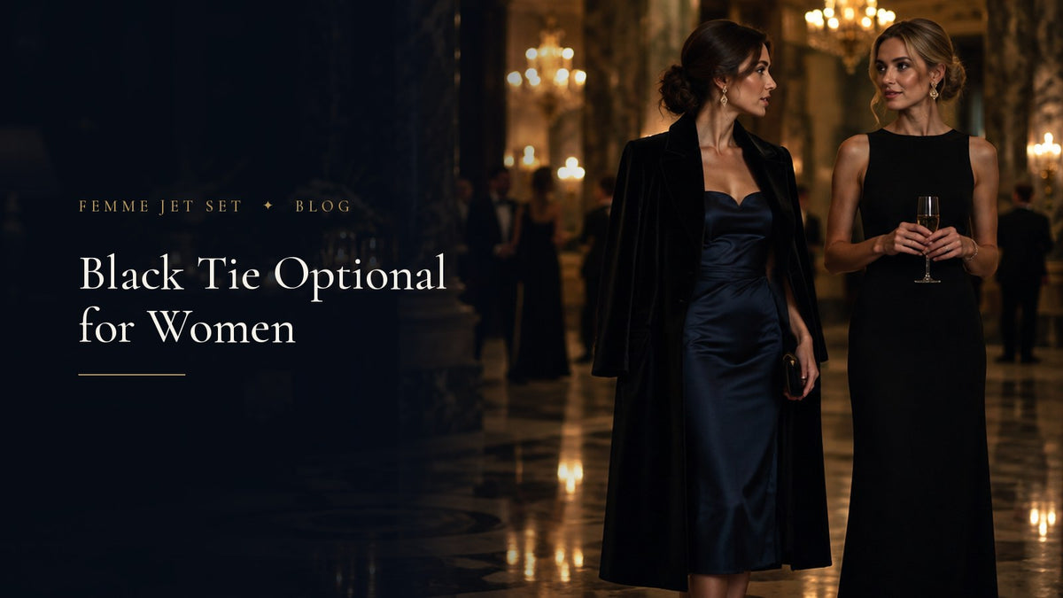 Two elegant women at a formal evening party, one in a navy satin cocktail dress and velvet coat, one in a long black gown, Black Tie Optional for Women cover
