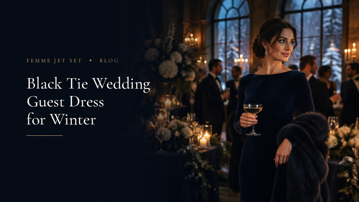 Wedding guest in a long-sleeve midnight-blue velvet gown with a faux-fur stole at a candlelit winter ballroom reception, Black Tie Wedding Guest Dress for Winter cover