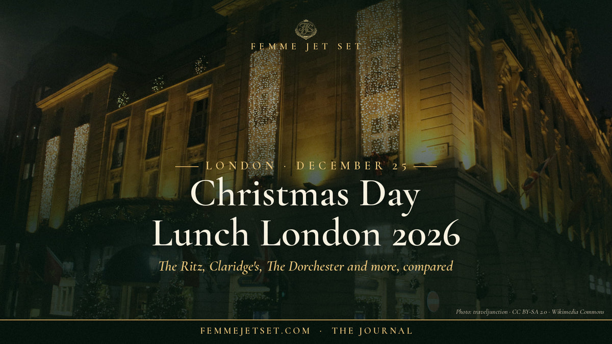 The Ritz Hotel London on Piccadilly lit for Christmas at night, Christmas Day Lunch London 2026 cover