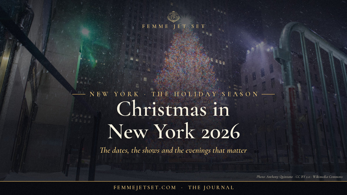The Rockefeller Center Christmas Tree lit up during a December snowstorm in New York, Christmas in New York 2026 cover
