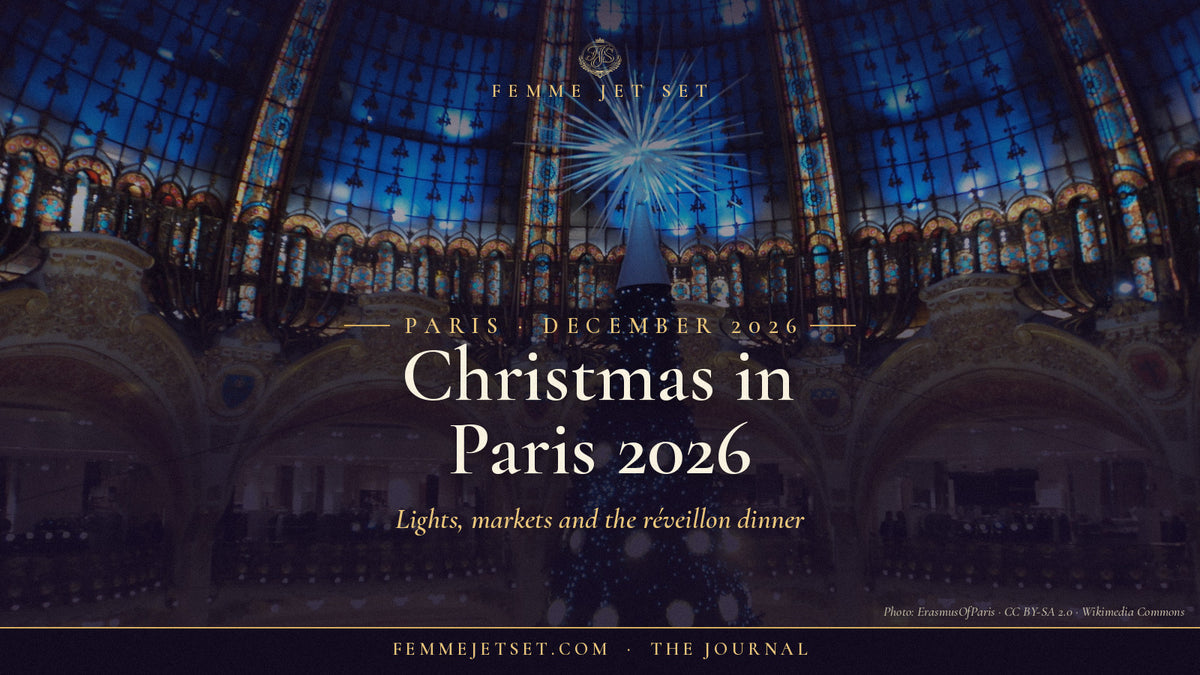 Christmas tree under the stained-glass dome of Galeries Lafayette Haussmann in Paris, Christmas in Paris 2026 cover