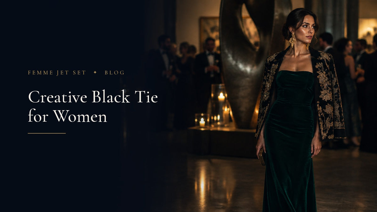Woman in an emerald velvet gown and embroidered evening jacket at a candlelit museum gala, Creative Black Tie for Women cover
