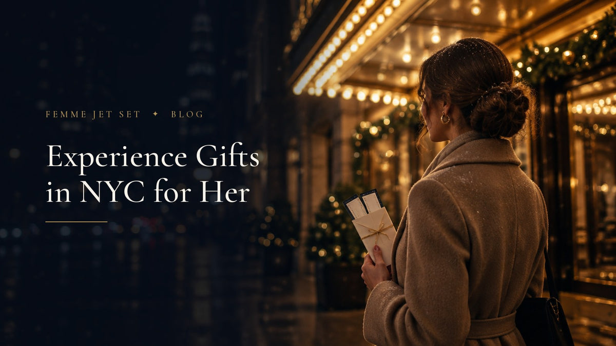 Elegant woman in a camel coat holding theater tickets under a glowing Manhattan marquee in December, Experience Gifts in NYC for Her cover