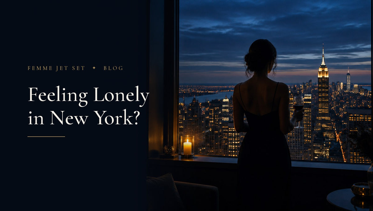 Silhouette of a woman from behind at a candlelit window overlooking the Manhattan skyline at blue hour, Feeling Lonely in New York cover