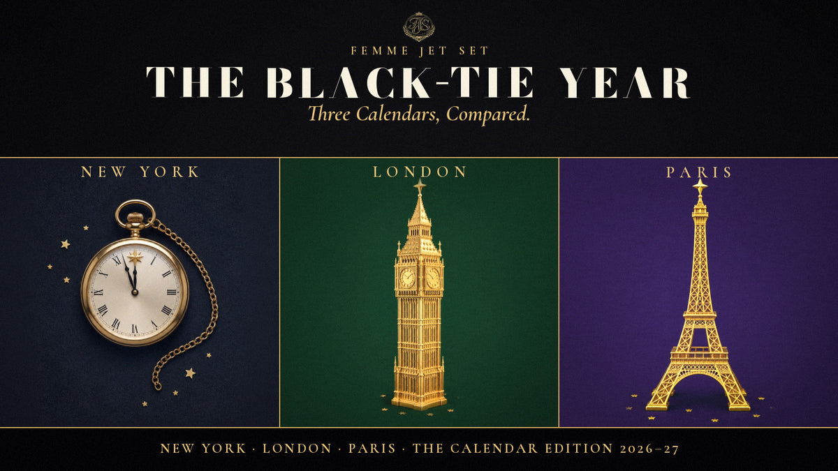 The Black-Tie Year three calendars cover: gold pocket watch, Big Ben and Eiffel Tower on navy, green and violet panels