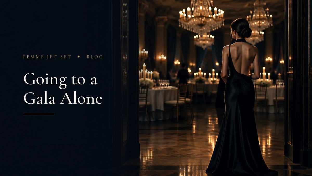 Woman in a black backless gown seen from behind at the doorway of a candlelit ballroom with crystal chandeliers, Going to a Gala Alone cover
