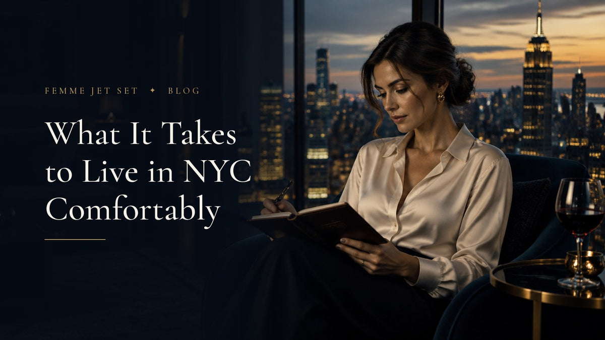Elegant woman reviewing a notebook by the window of a Manhattan apartment at dusk with the skyline behind her, How Much Do You Need to Make to Live in NYC cover