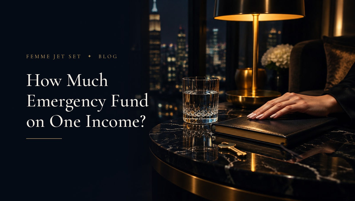 Woman's hand on a leather notebook beside a crystal glass and brass key on black marble at night in a Manhattan apartment, Emergency Fund cover
