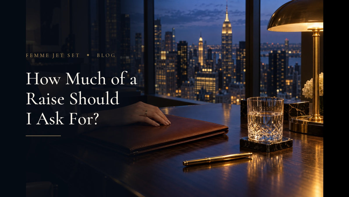 Woman's hand resting on a leather portfolio beside a gold pen and crystal glass on a dark desk overlooking Manhattan at dusk, Raise Ask cover