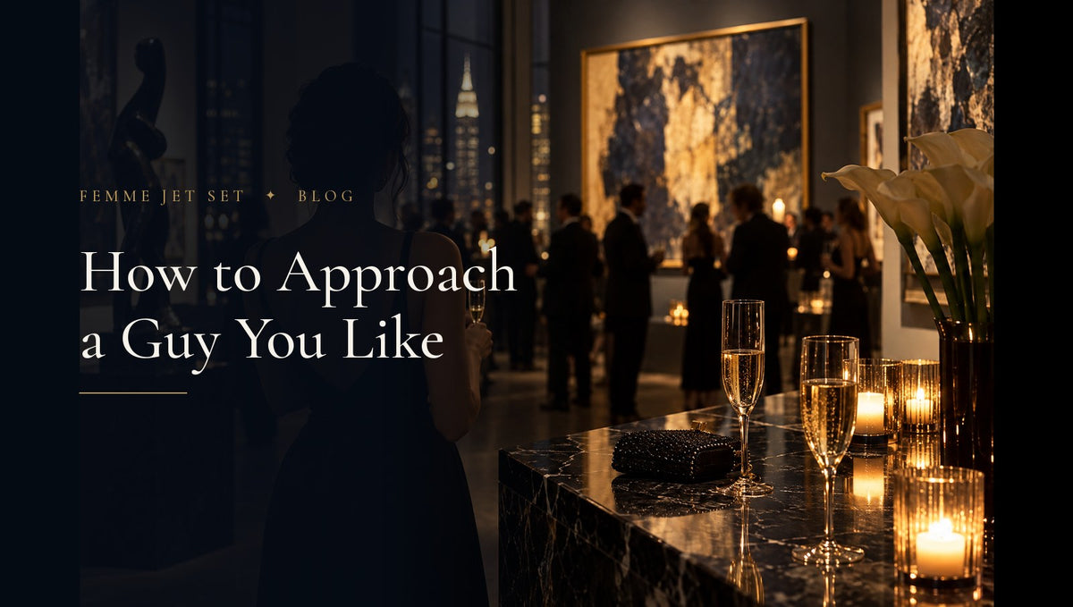 Silhouette of a woman from behind at a candlelit gallery opening with champagne flutes on a black marble ledge, Approach a Guy cover