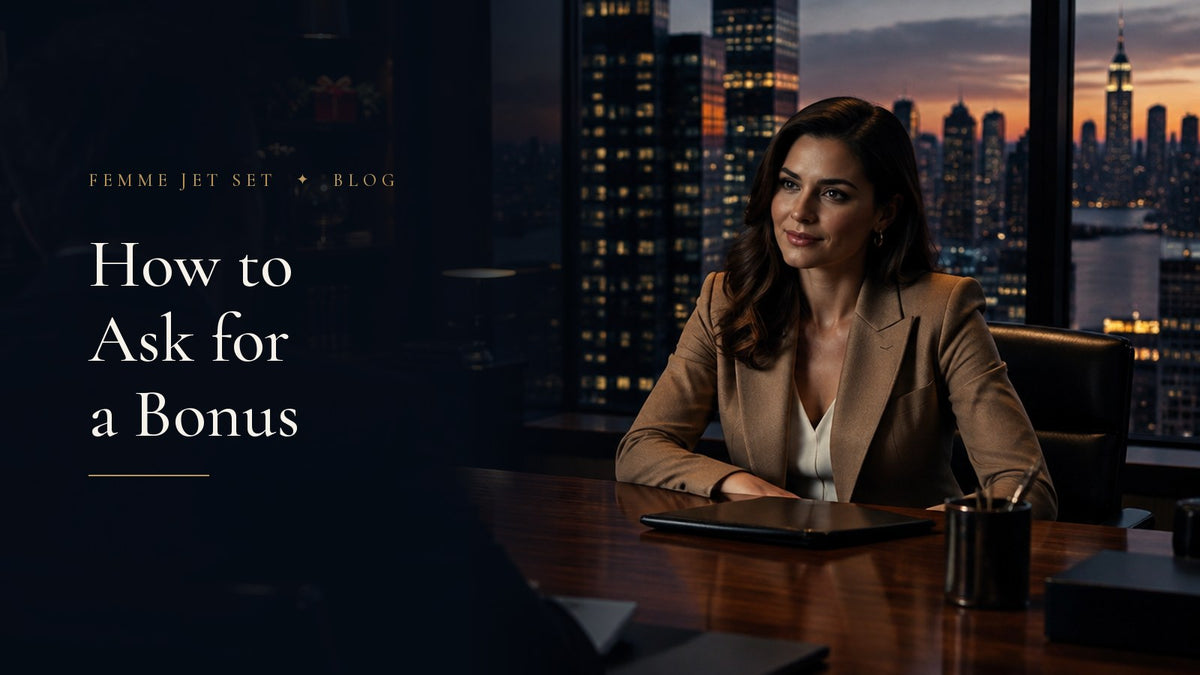 Poised woman in a camel blazer at a walnut desk across from her manager in a glass-walled New York office at dusk, How to Ask for a Bonus cover
