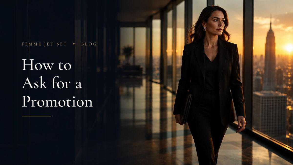 Confident woman in a black trouser suit walking through a glass-walled Manhattan office at golden hour, How to Ask for a Promotion cover