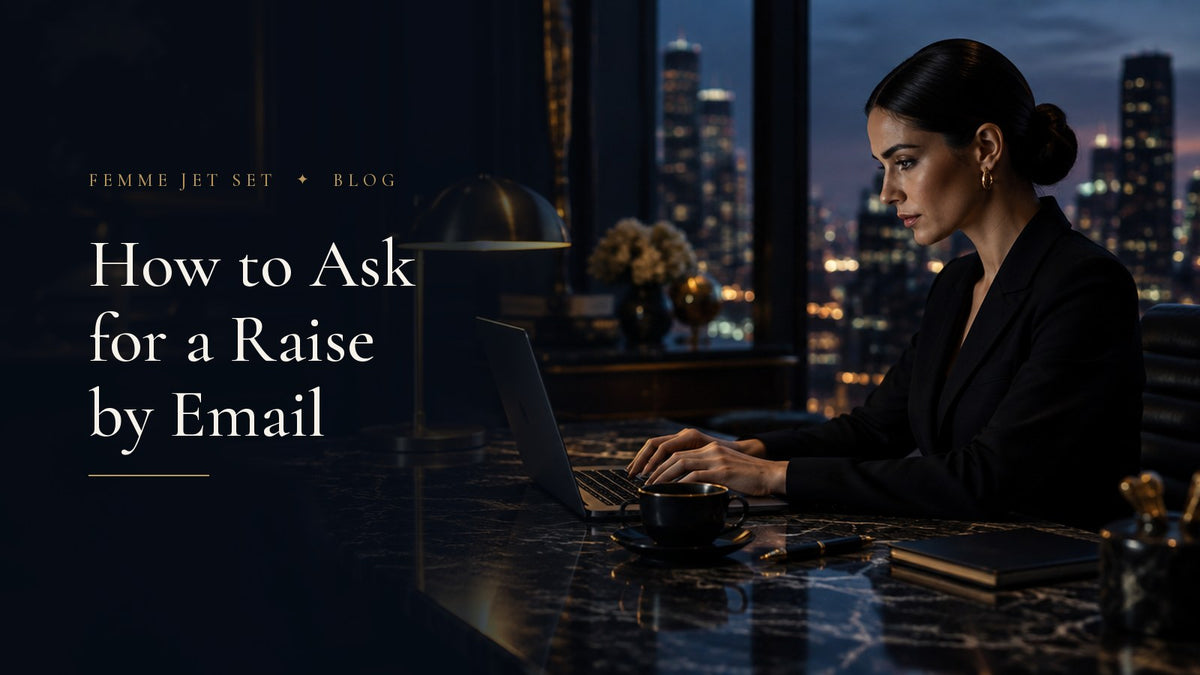 Poised woman in a black blazer typing an email on a laptop at a marble desk in an elegant office at night, How to Ask for a Raise by Email cover