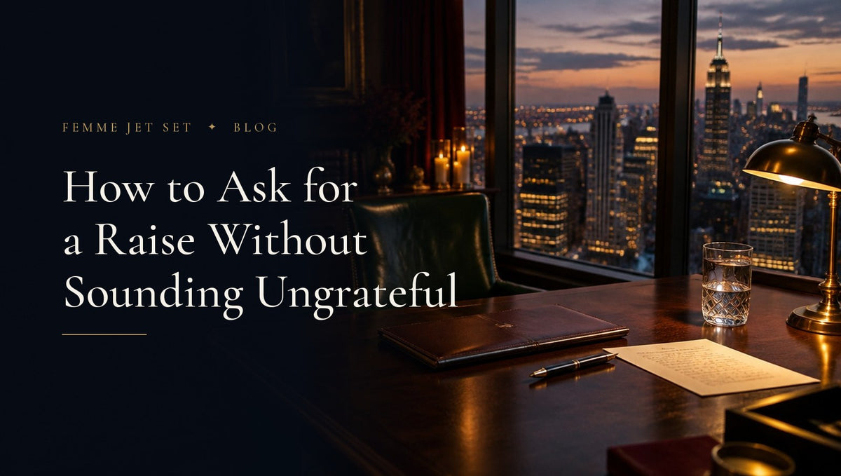 Manhattan corner office at dusk with a leather portfolio and gold pen on a walnut desk, How to Ask for a Raise cover