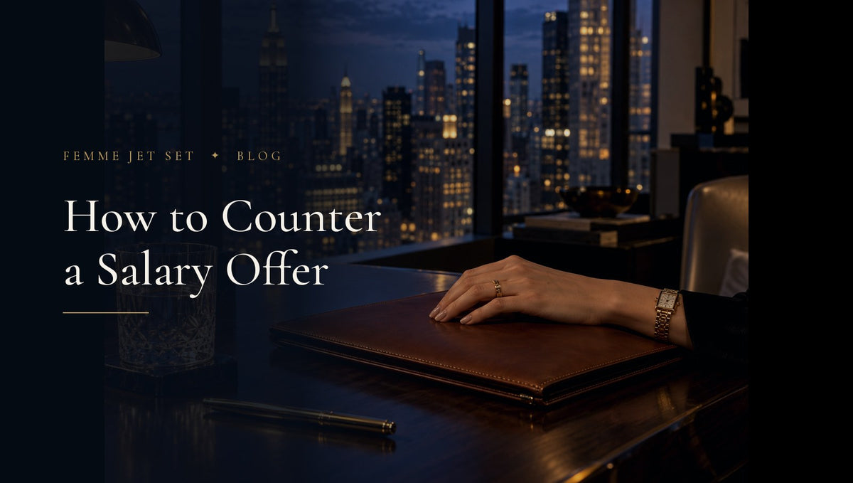 Dark luxury desk still life with leather notebook, gold pen and crystal glass overlooking a city skyline at dusk, Salary Counter cover