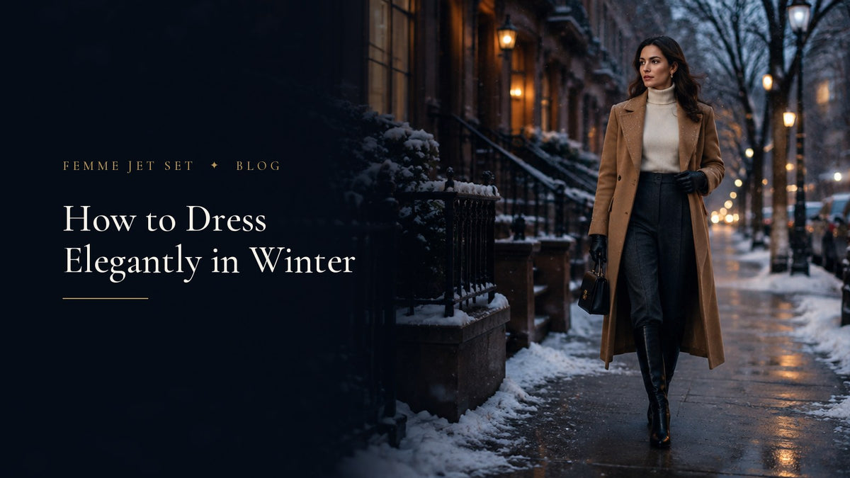 Woman in a long camel wool coat, cream turtleneck and black knee boots walking on a snowy New York brownstone street at dusk, How to Dress Elegantly in Winter cover