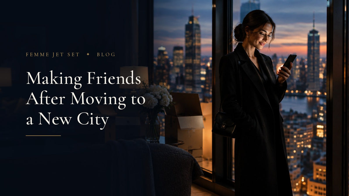 Elegant woman in a black coat smiling at her phone by the window of a new apartment at dusk, city skyline behind her, Making Friends After Moving to a New City cover