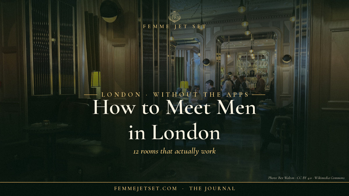The Connaught Bar in Mayfair, London, with dark wood paneling, marble floor and guests at the bar, How to Meet Men in London cover