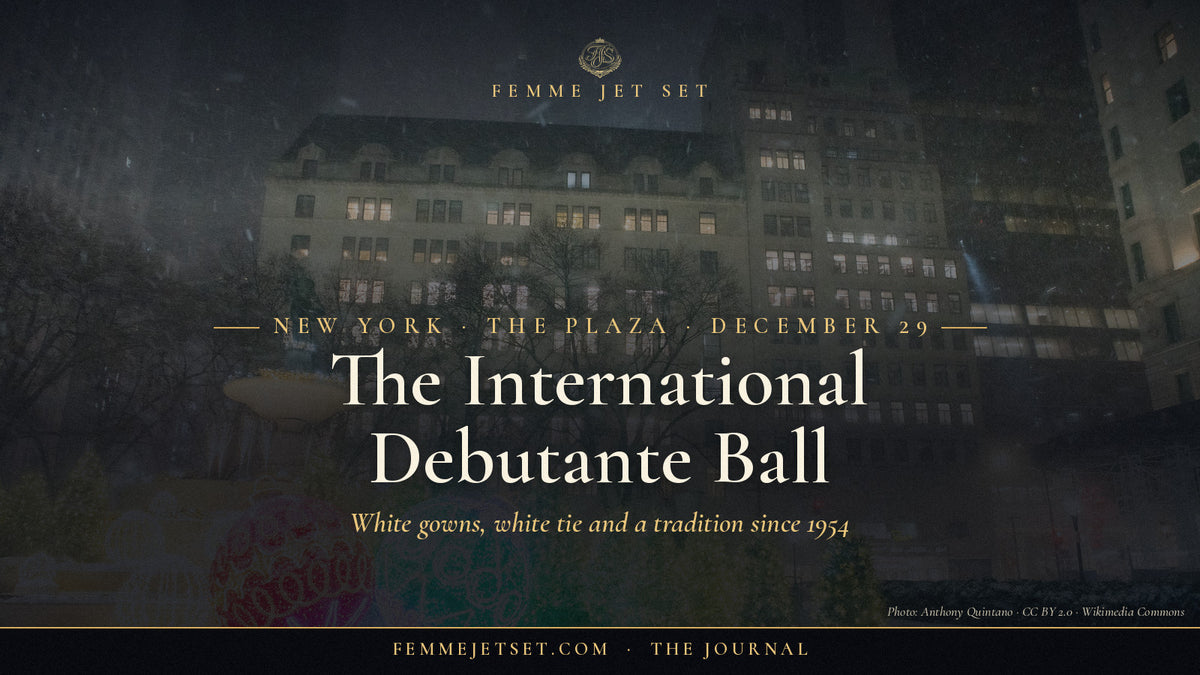 The Plaza Hotel in New York with its Christmas decorations during a snowstorm, International Debutante Ball 2026 cover