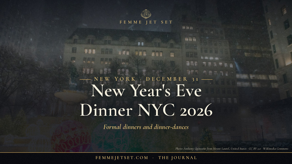 The Plaza Hotel New York with Christmas decorations in the snow, New Year's Eve Dinner NYC 2026 cover