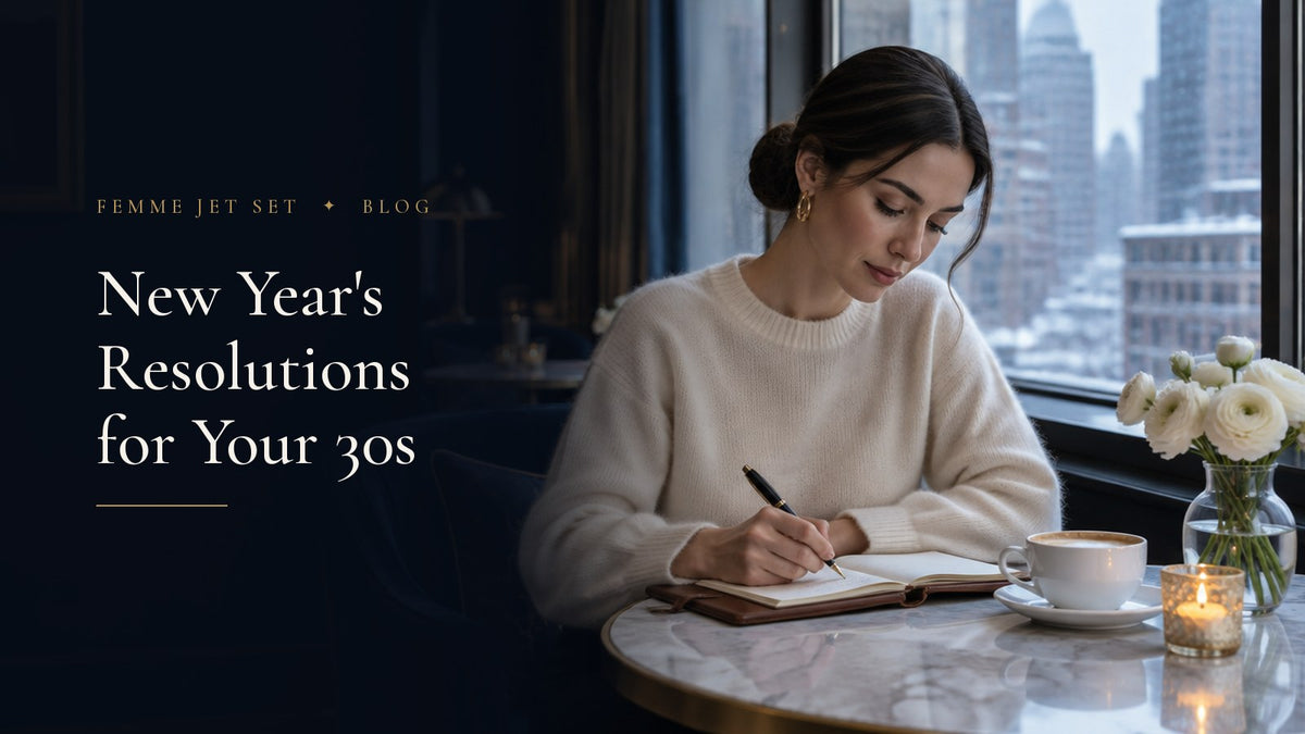 Elegant woman in a cream sweater writing New Year's resolutions in a leather journal by a snowy Manhattan window, New Year's Resolutions cover