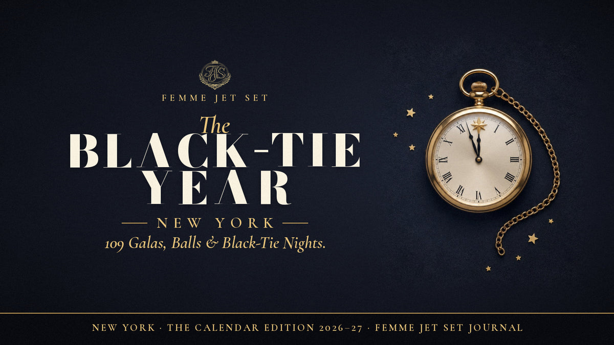 The Black-Tie Year New York calendar cover: gold pocket watch on midnight navy, Cormorant title, Femme Jet Set crest