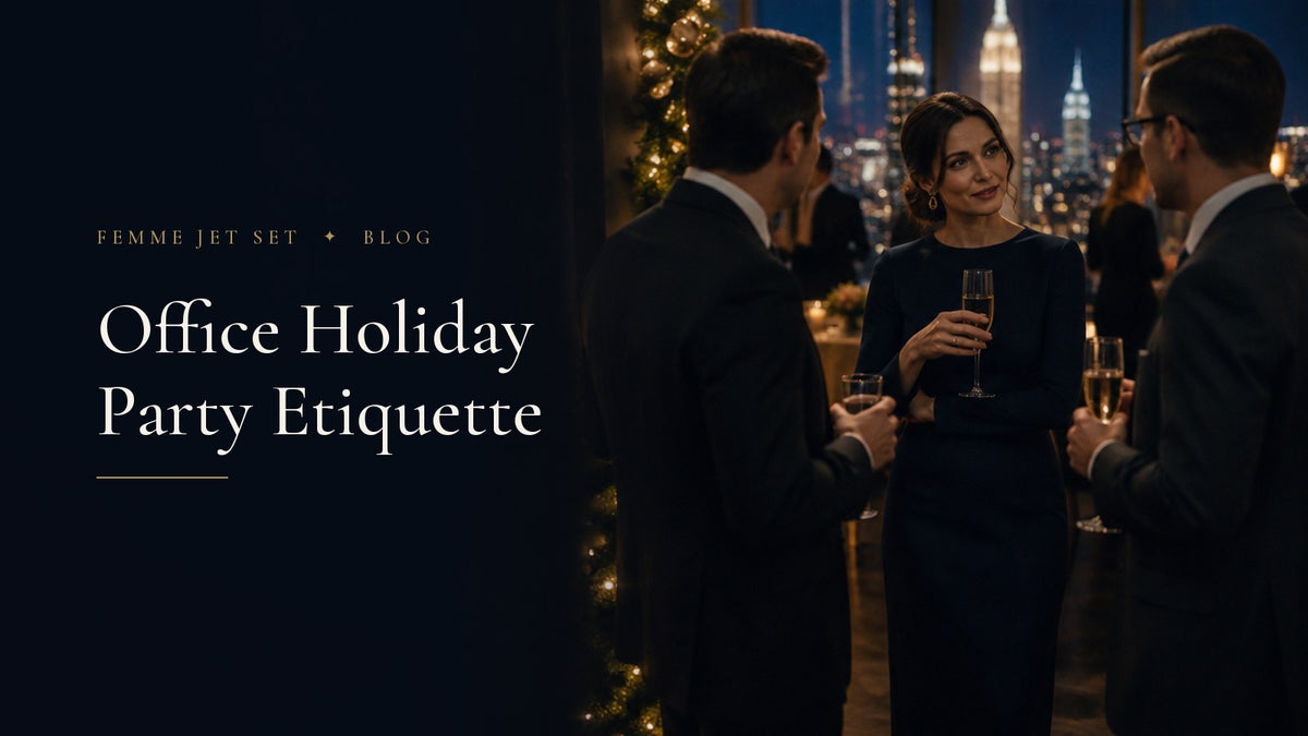 Woman in a midnight-blue dress talking with two colleagues at an office holiday party above the Manhattan skyline, Office Holiday Party Etiquette cover