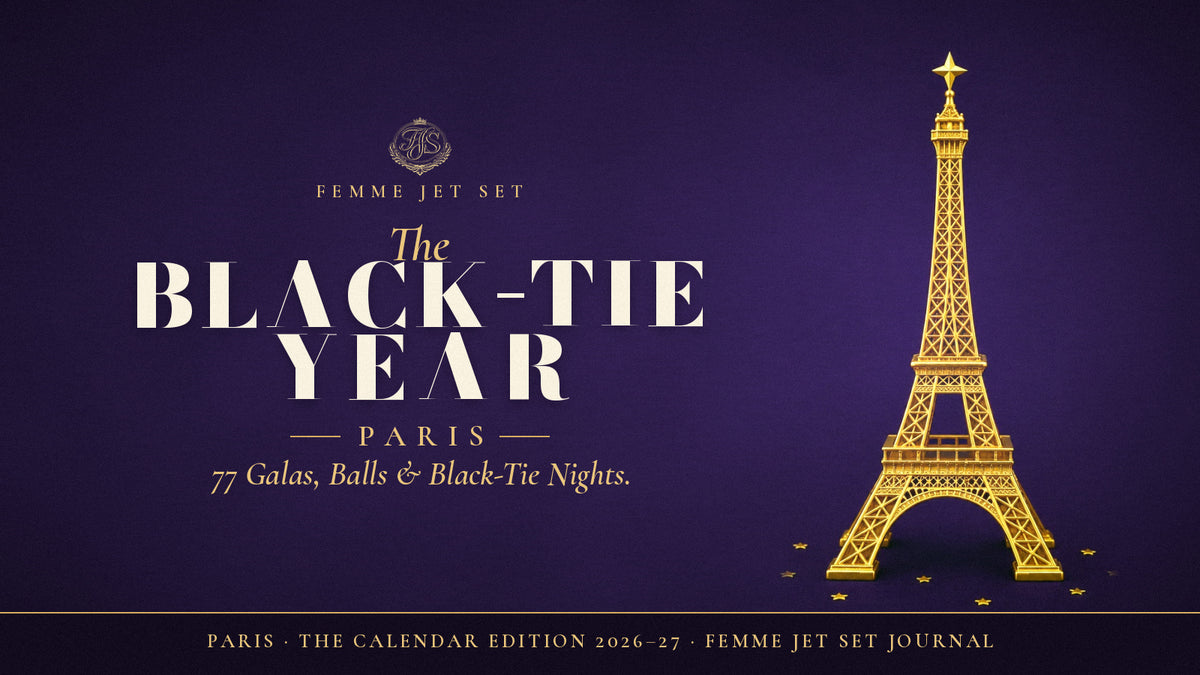 The Black-Tie Year Paris calendar cover: gold Eiffel Tower on deep violet, Femme Jet Set crest and gold Cormorant type