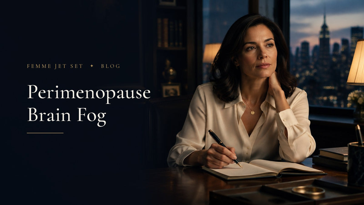 Elegant woman in her forties in a cream silk blouse pausing thoughtfully at a desk by a window in soft evening light, Perimenopause Brain Fog cover