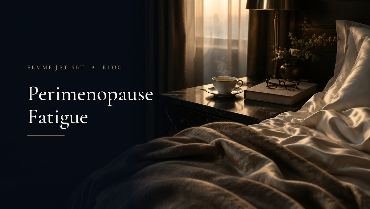 Dark luxury bedroom at dawn with ivory silk sheets, a cup of herbal tea and reading glasses on a black marble nightstand, Perimenopause Fatigue cover