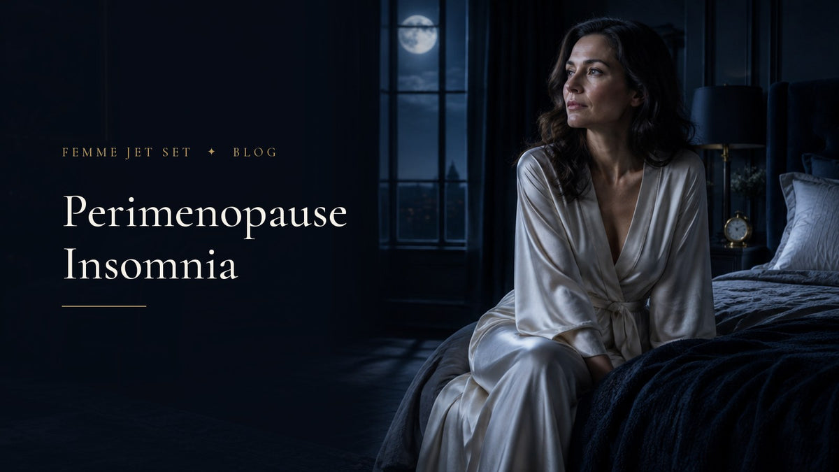 Woman in her forties in a silk robe sitting awake at the edge of a bed in a dark, elegant bedroom lit by moonlight, Perimenopause Insomnia cover