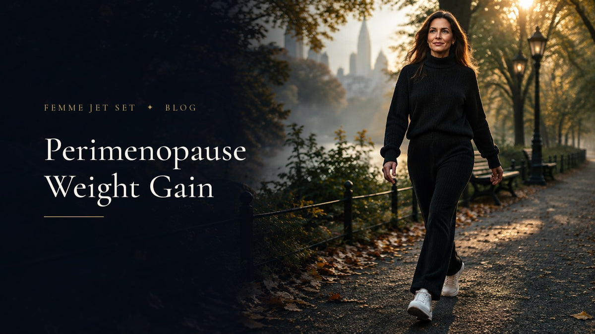 Woman in her forties in a black knit set walking briskly through a leafy city park in the early morning, Perimenopause Weight Gain cover