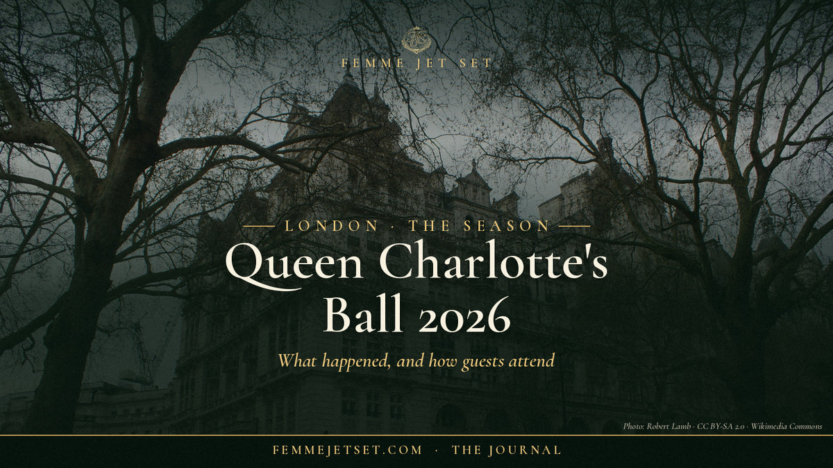 One Whitehall Place, the Victorian Whitehall Court building in London where Queen Charlotte's Ball 2026 was held, seen through winter trees, Queen Charlotte's Ball 2026 cover
