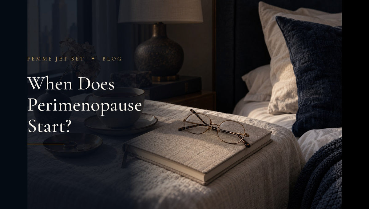 Soft morning light on a linen bedside table with a ceramic cup, reading glasses and a closed journal, Perimenopause Timing cover