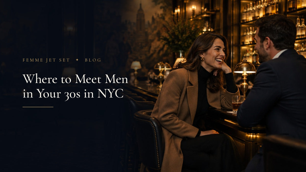 Woman in a camel coat laughing with a man in a navy suit at the bar of a classic New York hotel bar with painted murals, Where to Meet Men in Your 30s in NYC cover