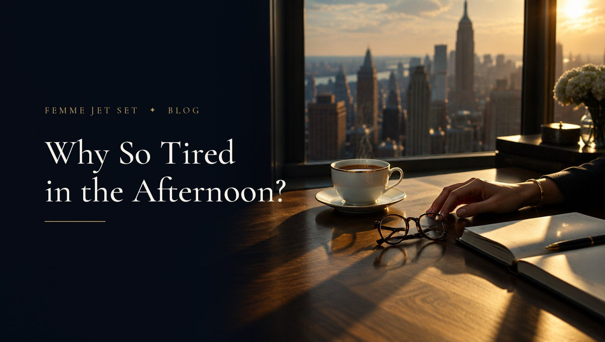 Late afternoon sun across a walnut desk with a cup of tea, reading glasses and a woman's hand on a planner overlooking Manhattan, Afternoon Tiredness cover