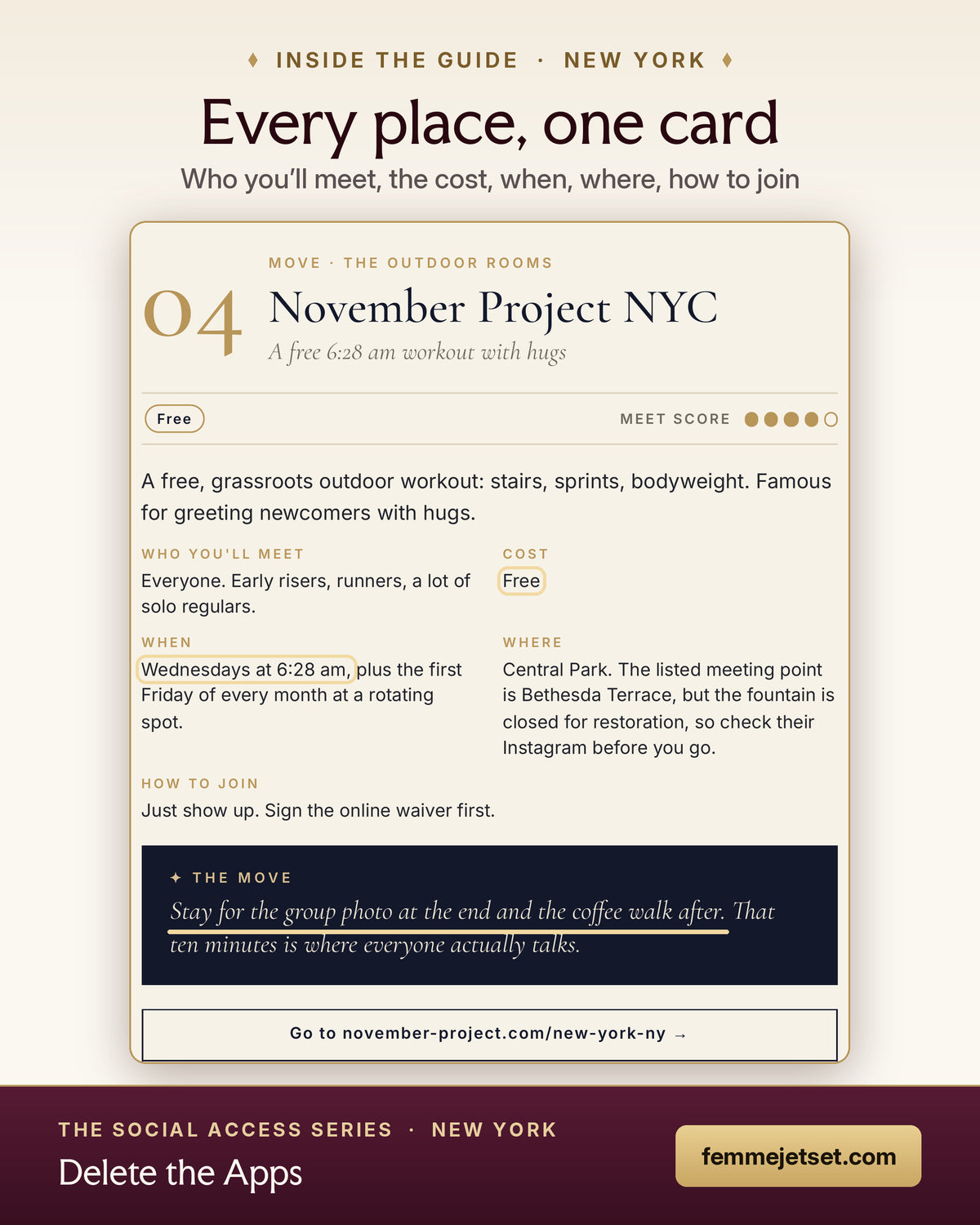 Inside Delete the Apps: a sample place card for November Project NYC with when, where, cost and the move