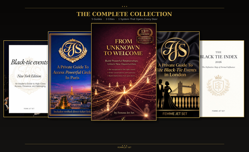The Complete FemmeJetSet Collection featuring all 5 luxury guides to accessing black-tie events in Paris, New York, and London plus The System