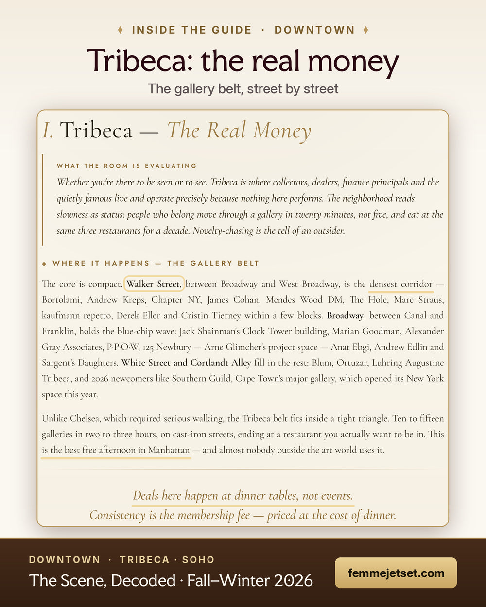 Inside DOWNTOWN: Tribeca, the real money: the gallery belt street by street, from Walker Street to Broadway