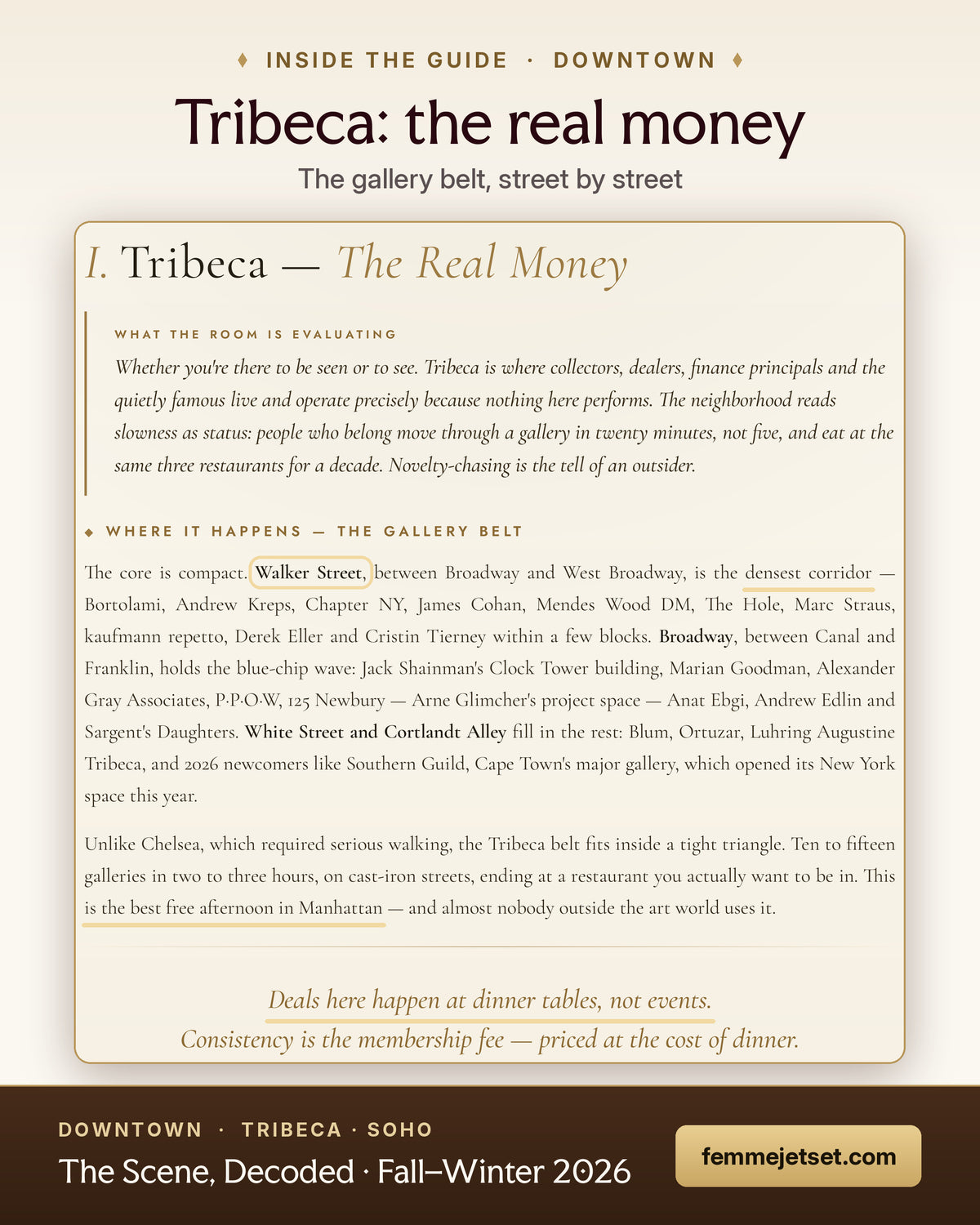 Inside DOWNTOWN: Tribeca, the real money: the gallery belt street by street, from Walker Street to Broadway
