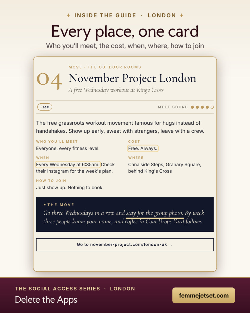 Inside Delete the Apps London: a sample place card for November Project London with when, where, cost and the move
