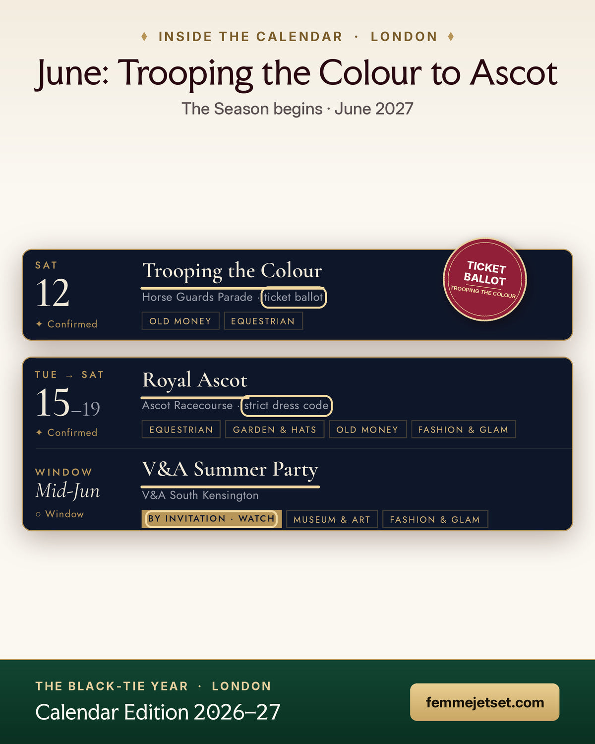 The Black-Tie Year London calendar: June page featuring Royal Ascot