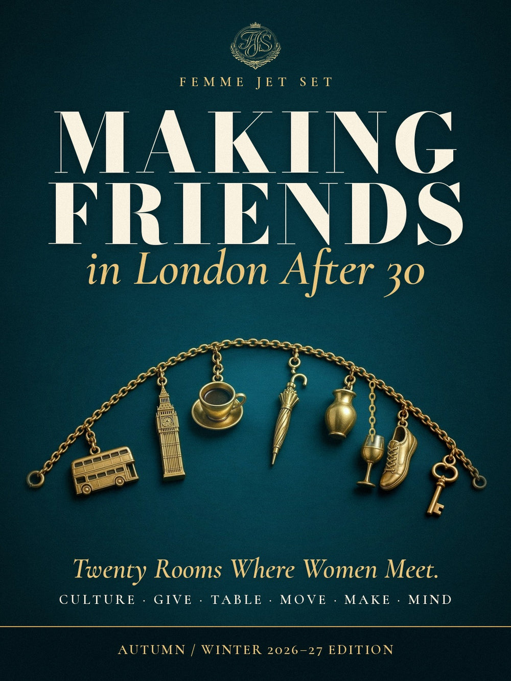 Making Friends in London After 30 cover with a gold charm bracelet of London charms