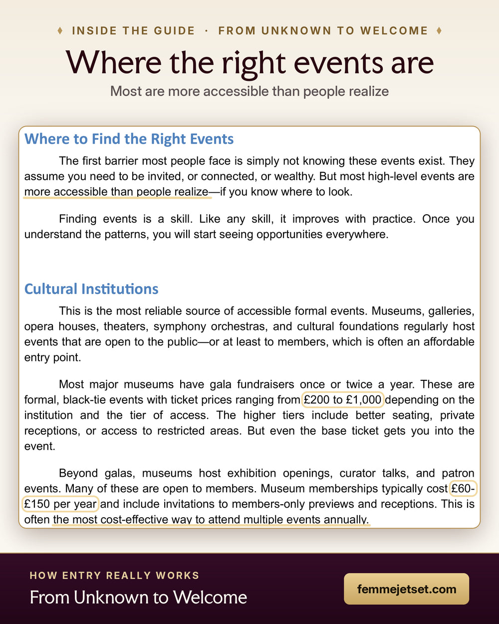 Inside From Unknown to Welcome: where to find the right events, with typical museum gala and membership prices