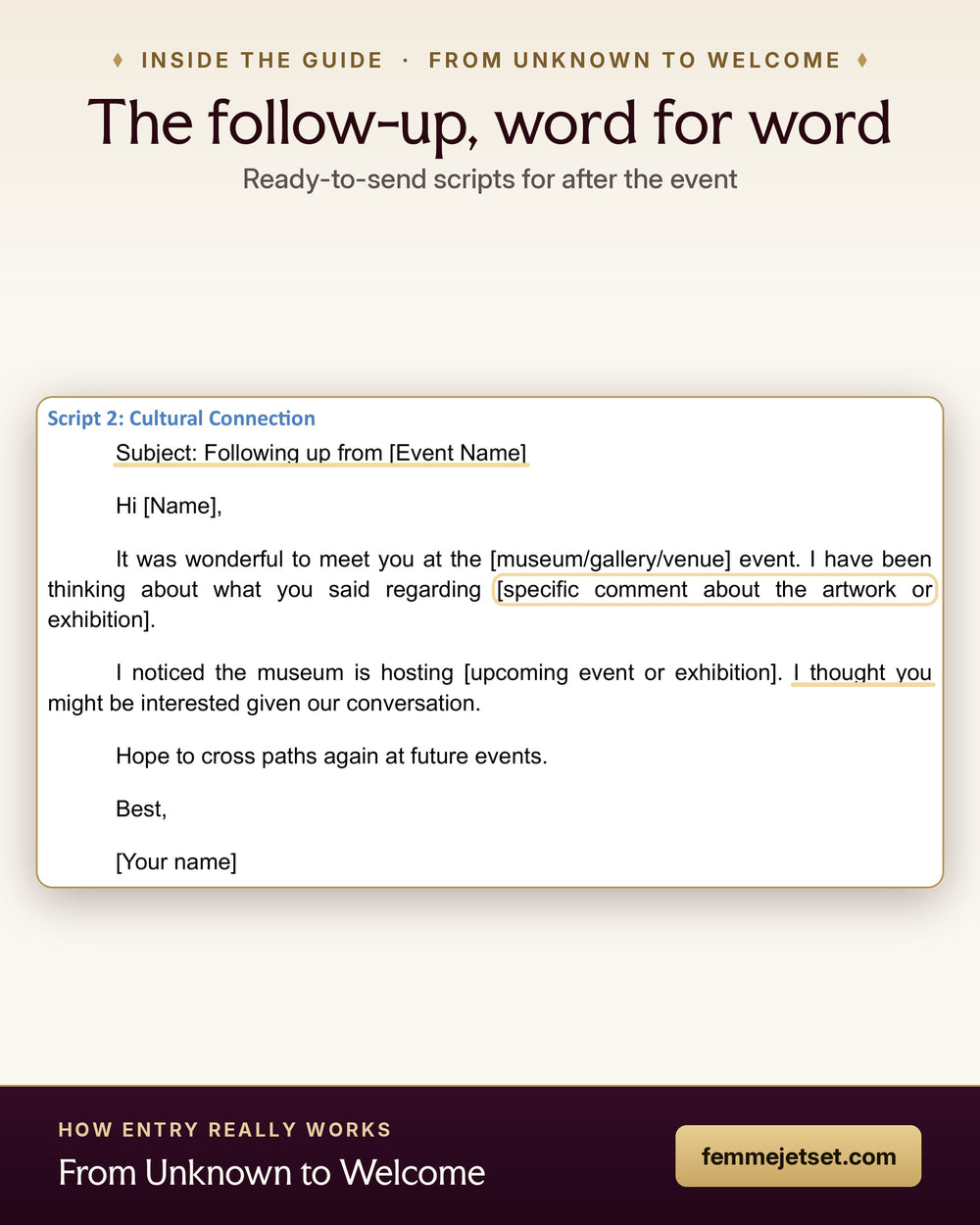 Inside From Unknown to Welcome: a word-for-word follow-up email script to send after a cultural event